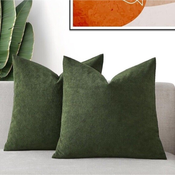 Pack of 1 Olive Green Decorative Pillow Cover 24x24in  Soft Plush Chenille Boho - Picture 1 of 7